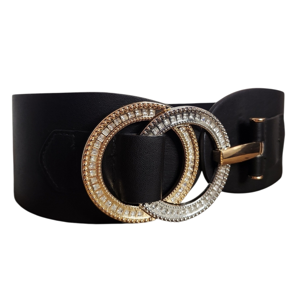 Rhinestone Double Circle Stretch Belt • Black Faux Leather • 33–40"